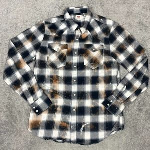 Levis Flannel Shirt Mens Medium Pearl Snap Buttons Western Plaid Heavy Bleached